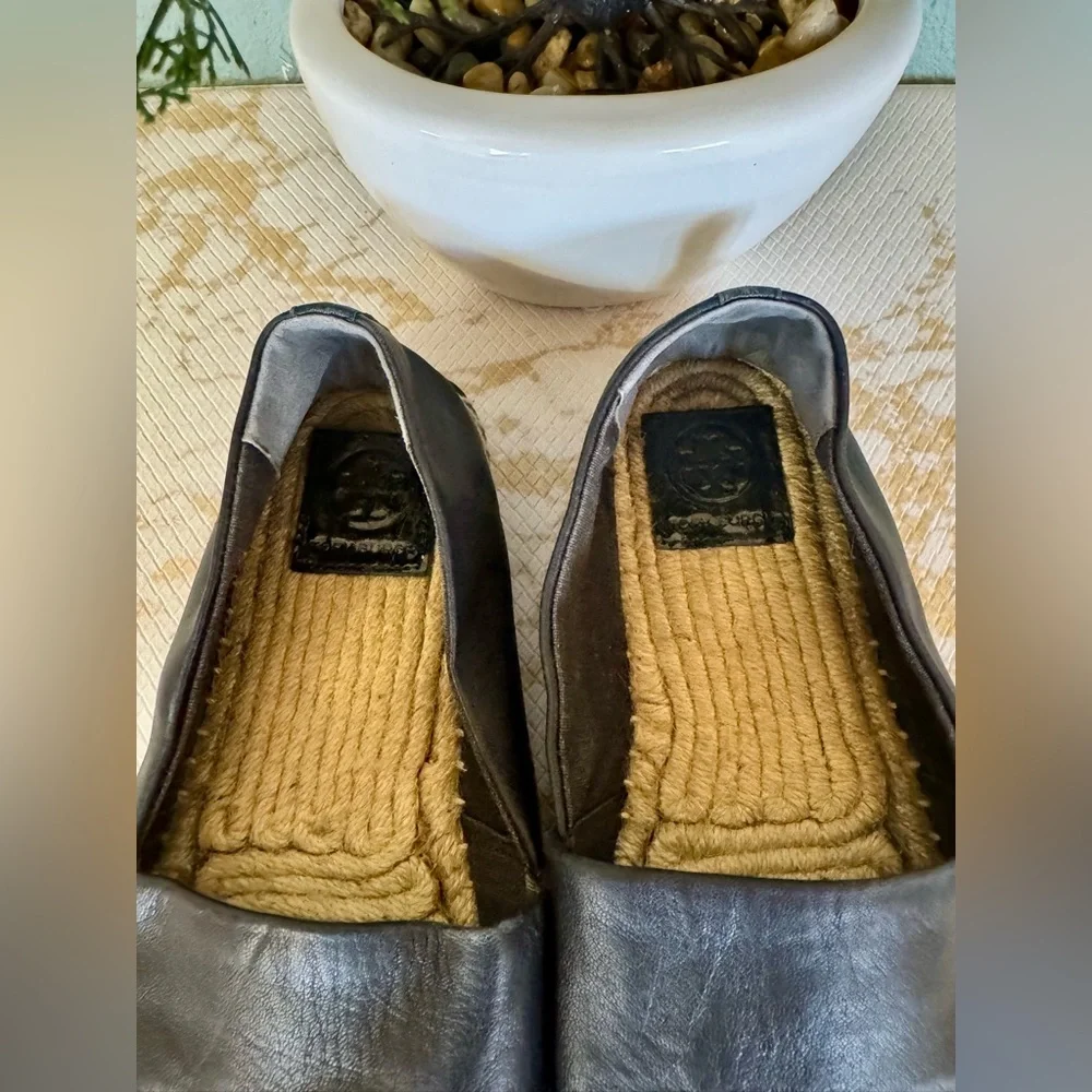 Tory Burch Black Leather Espadrilles with Natural Jute Sole